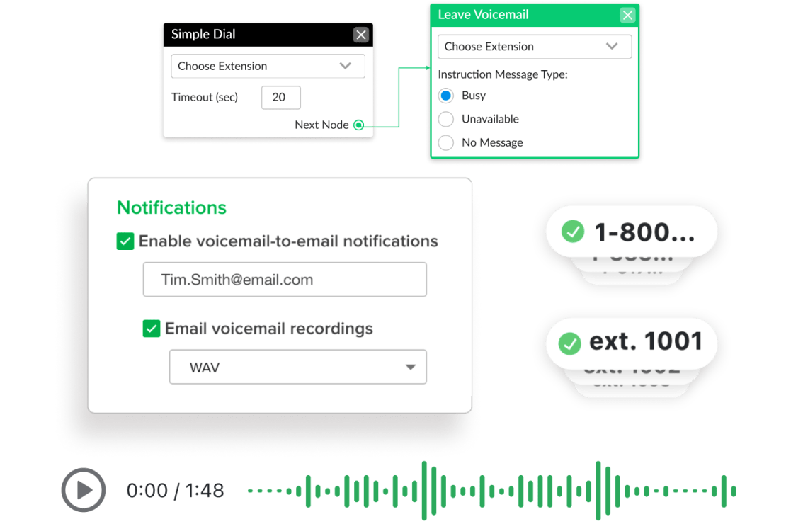 Captures d’écran de fonctionnalités GoTo Connect, notamment les paramètres de notification, la numérotation simplifiée et les paramètres de messagerie vocale. 