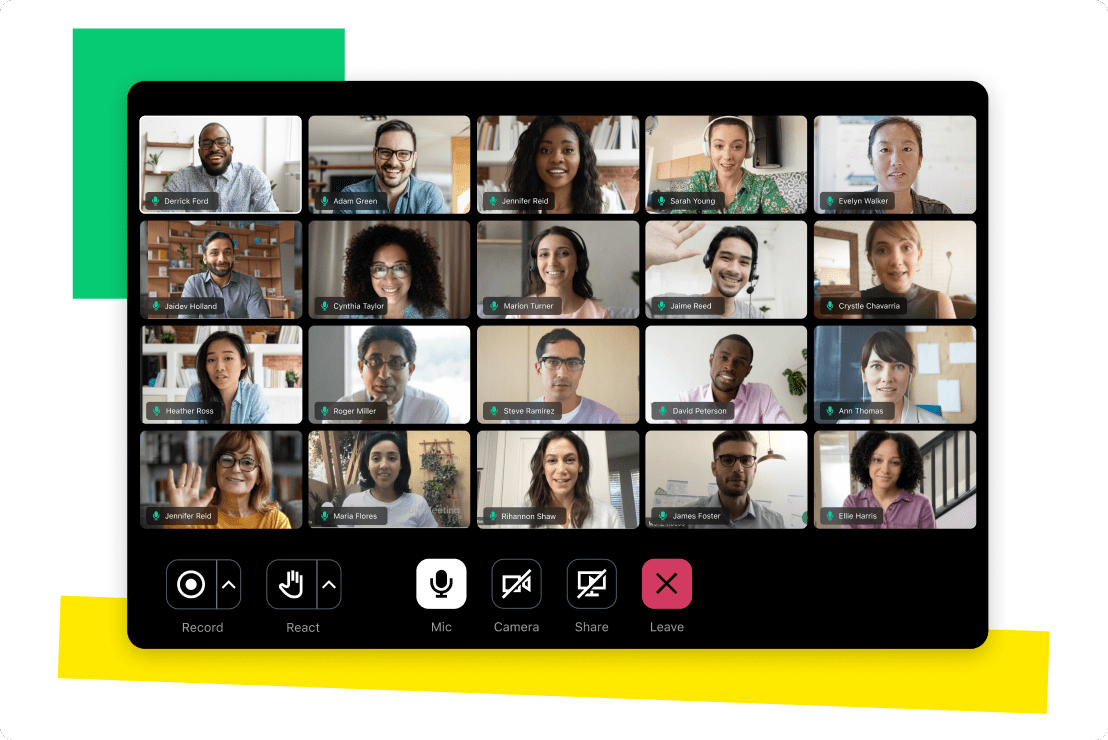 Interface montrant 20 participants utilisant GoTo Meeting avec leurs webcams activées.