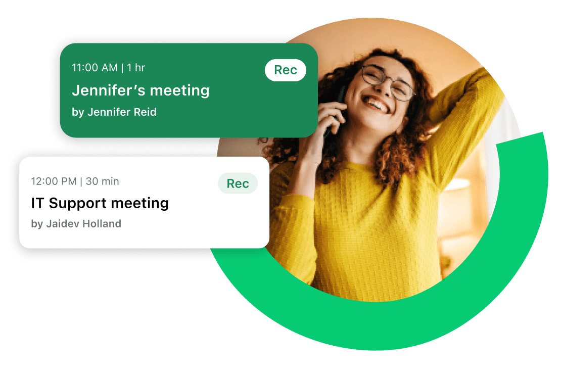 Affichage sur téléphone mobile de la page de bienvenue de GoTo Connect, qui offre des options d’appel et de messagerie vocale ainsi qu’un aperçu des réunions.
