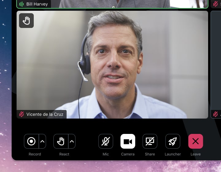 Vue d'écran de la classe de formation avec les icônes Enregistrer, Réagir, Micro, Caméra, Partager et Laisser visibles.