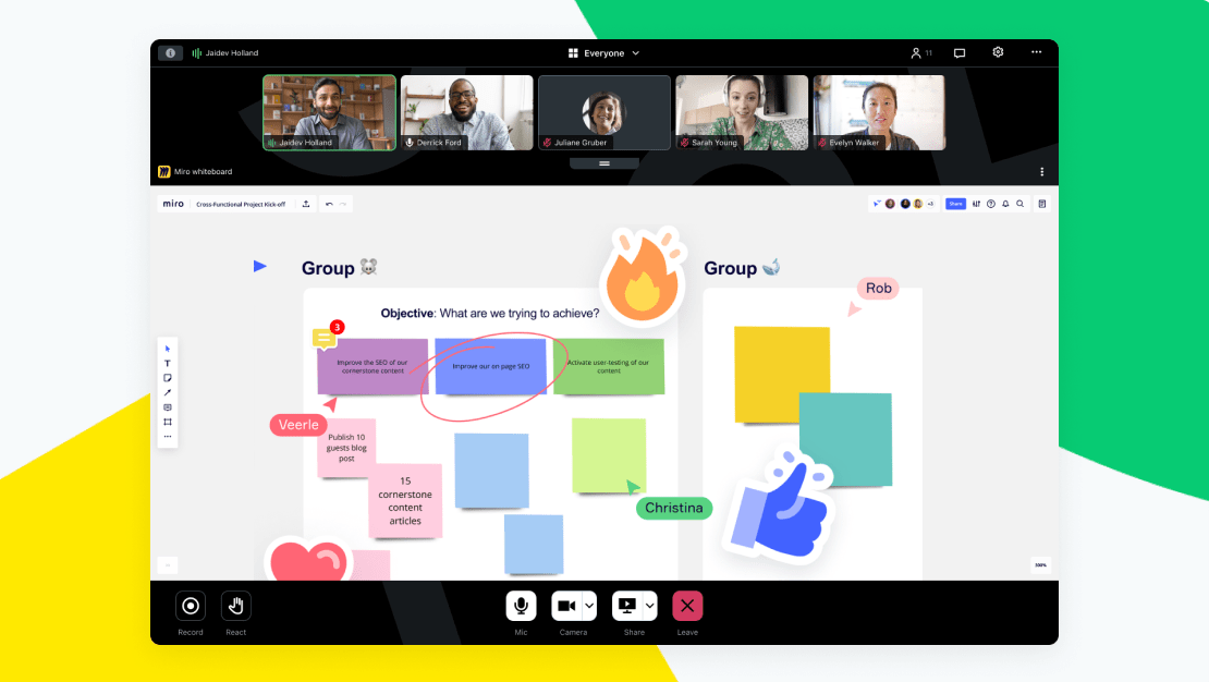 Interfaz de GoTo Connect, que muestra un grupo de teletrabajadores intercambiando ideas en pizarras con la integración de Miro mientras utilizan su cámara web.